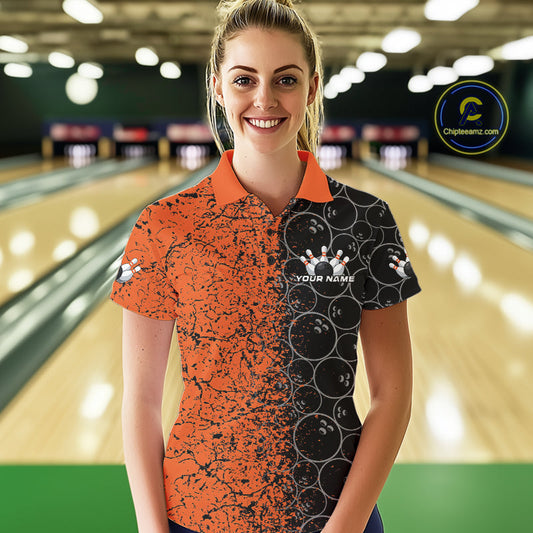 Custom Black And Orange Splatter Bowling Ball Pattern Bowling Team Polo Shirts For Women IPHW9791