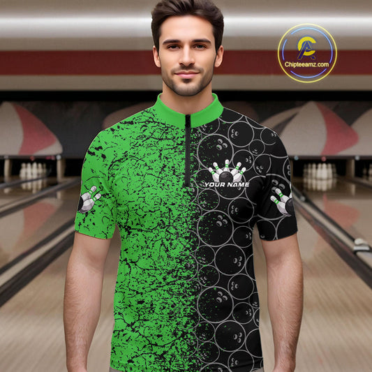 Custom Black And Green Splatter Bowling Ball Pattern Bowling Team Quarter-Zip Shirts For Men IPHW9792