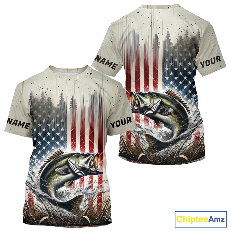 Custom Patriotic US Flag Largemouth Bass Fishing T-Shirts, Bass Fishing Jerseys IPHW9215