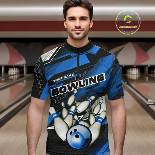 Custom Black And Blue Hexagon Pattern Bowling Quarter-Zip Shirts For Men, Bowling Team Uniform IPHW9422