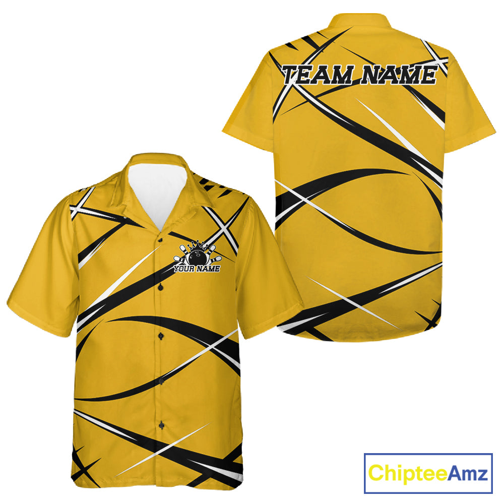 Front and back button-up bowling shirt mockup featuring a custom name and bold yellow, black, and white jersey design