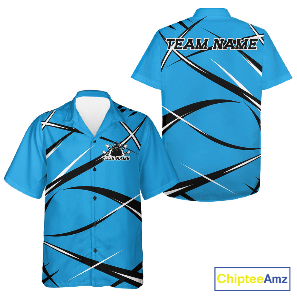 Front and back button-up bowling shirt mockup with a custom name and striking blue, black, and white bowling jersey style
