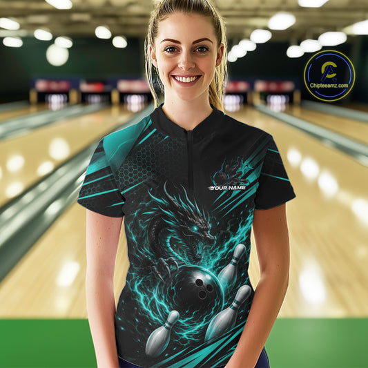 Custom Turquoise Blue Flame Dragon Bowling Jersey, Bowling Women Quarter-Zip Shirt IPHW11834