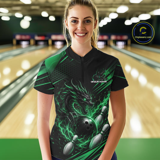 Custom Green Flame Dragon Bowling Jersey, Dragon Bowling Women Quarter-Zip Shirt IPHW11836
