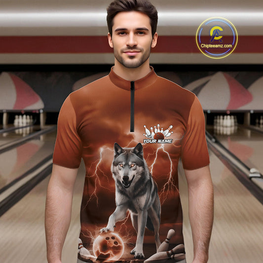 Custom Orange Ligtning Wolf Bowling Team League Shirts For Men, Bowler Outfits IPHW10786