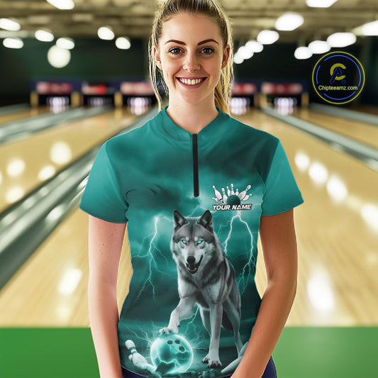 Custom Teal Blue Ligtning Wolf Bowling Team League Shirts For Women, Bowler Outfits IPHW10789