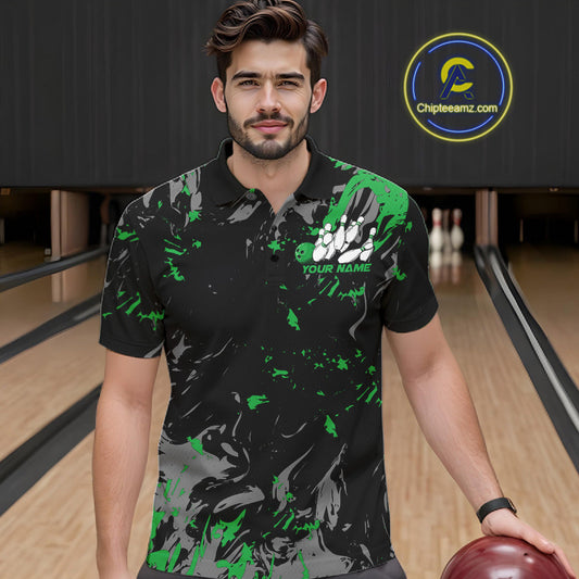Custom Black And Green Splatter Camo Bowling Team Polo Shirts For Men IPHW10796