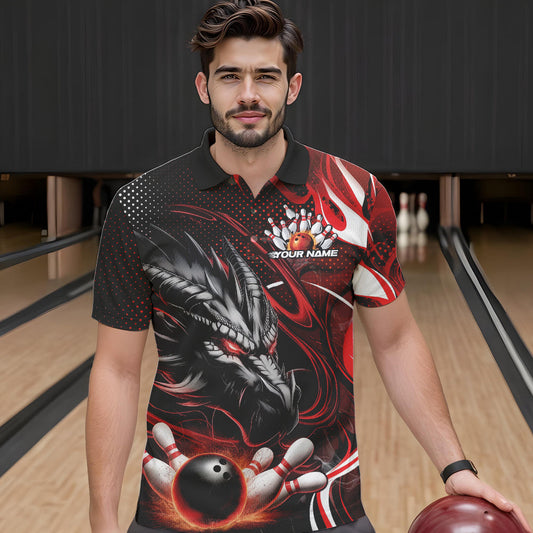 Custom Black And Red Flame Dragon Bowling Jerseys, Dragon Bowling Team Men Polo Shirts IPHW8919
