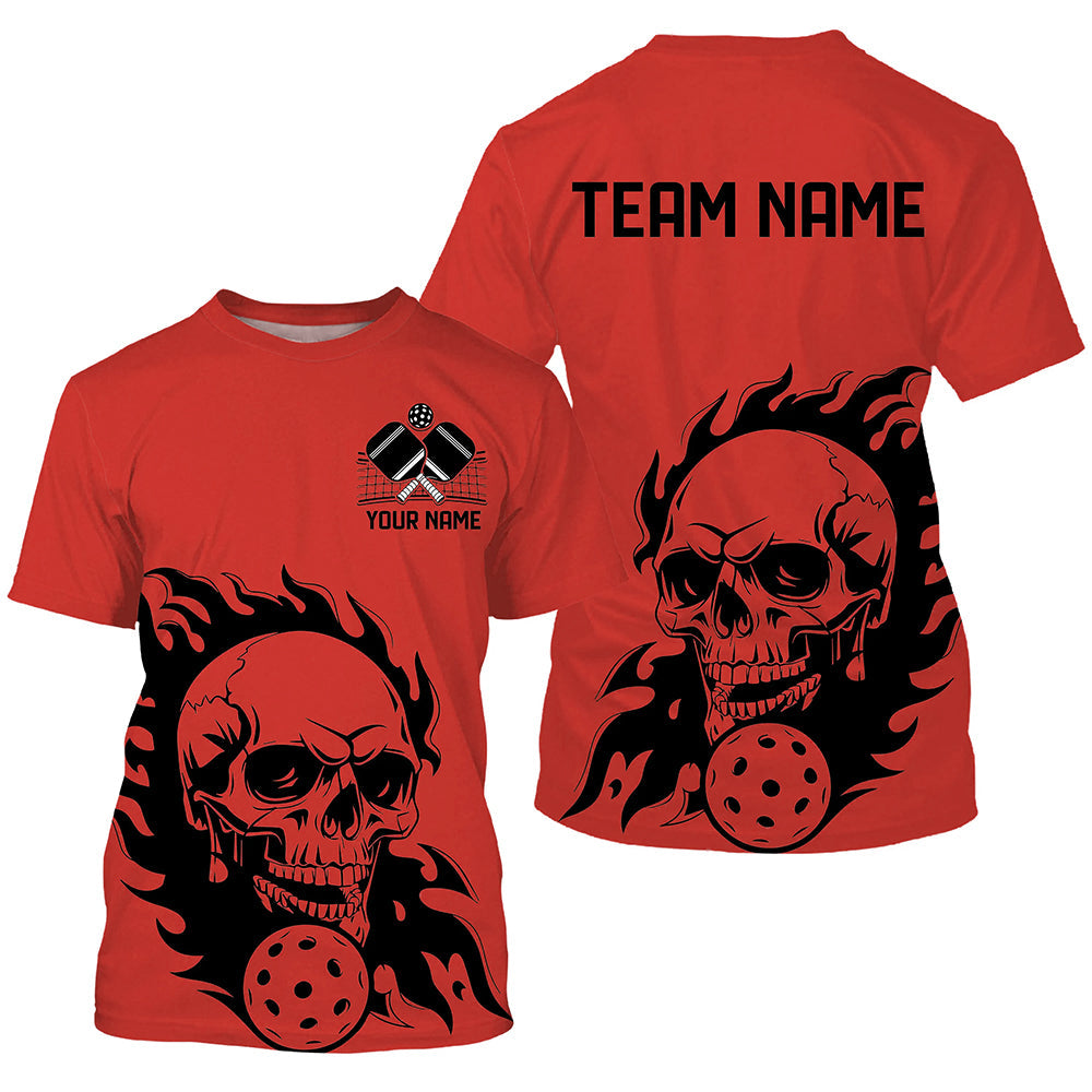 Red Custom Flame Skull Pickleball T-Shirts For Men, Halloween Pickleball Team Outfits Halloween Pickleball Gifts IPHW7558