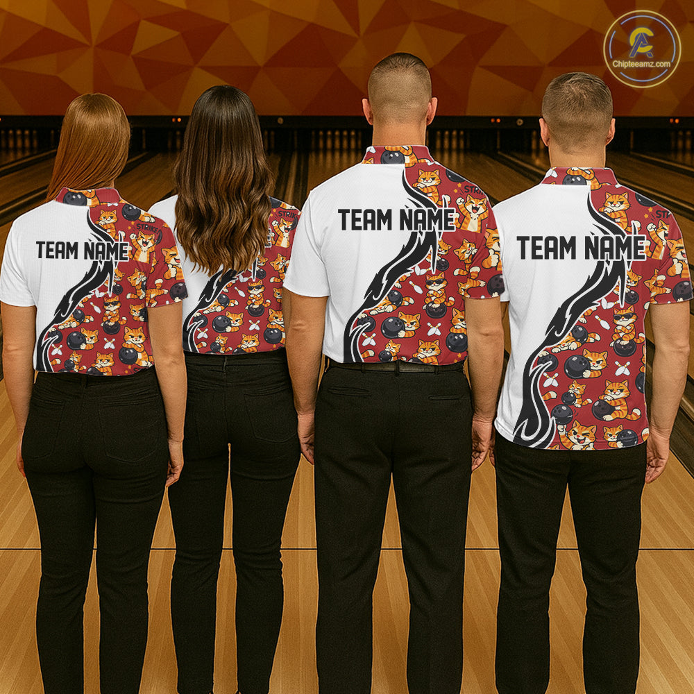 Custom Cute Funny Ginger Tabby Cat Bowling Men Polo Shirts, Cat Bowling Team Shirt IPHW10318