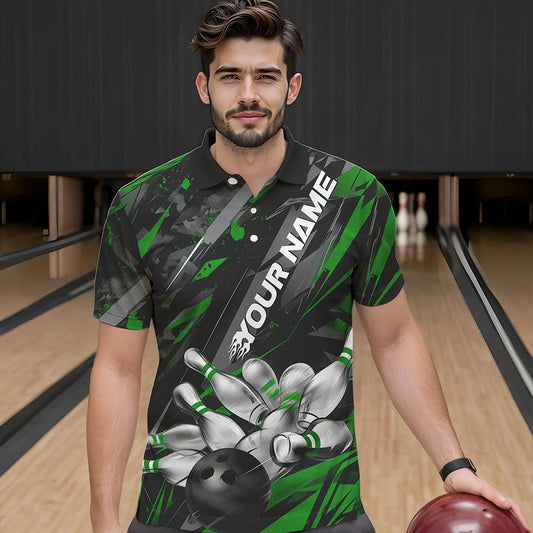 Custom Black And Green Bowling Polo Shirts For Men, Bowling Tournament Team Uniform IPHW8529