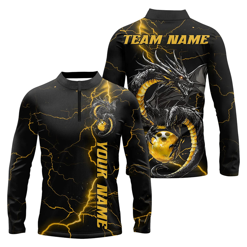 Custom Black And Gold Thunder Lightning Dragon Bowling Men Long Sleeve Quarter-Zip Shirts Outfits IPHW7309