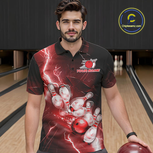 Custom Red Thunder Lightning Bowling Polo Shirts For Men, Bowling League Shirt IPHW9794