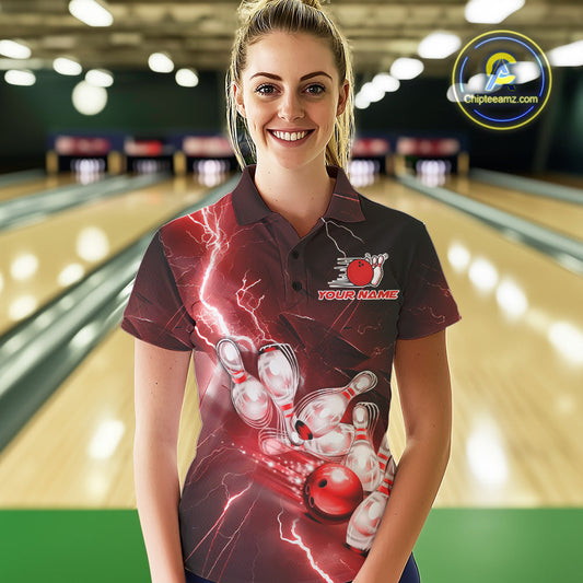 Custom Red Thunder Lightning Bowling Polo Shirts For Women, Bowling League Shirt IPHW9794