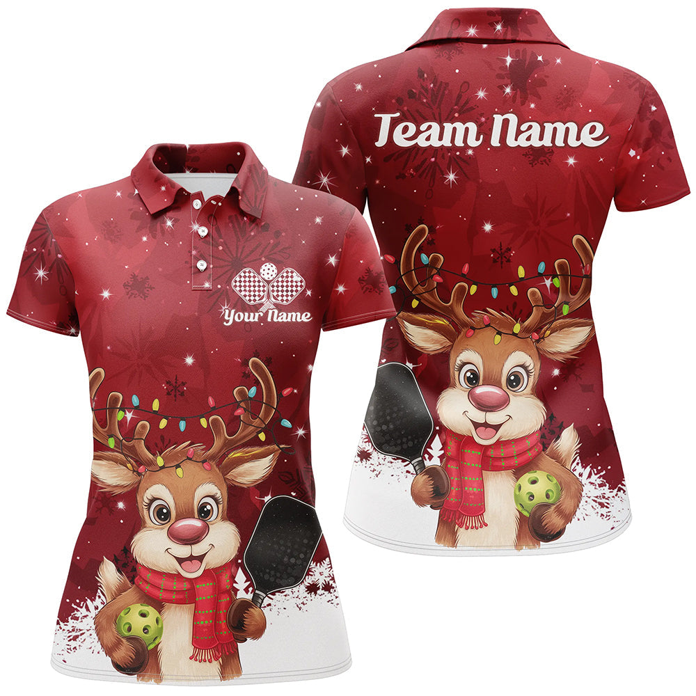 Custom Funny Christmas Reindeer Pickleball Polo Shirts For Women, Xmas Pickleball Outfit IPHW8095