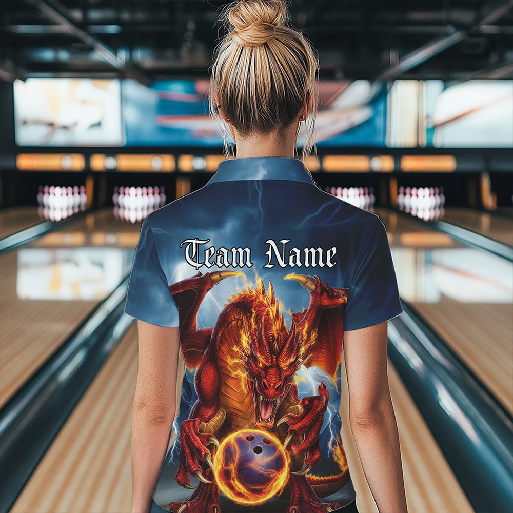 Custom Blue Thunder Lightning Flame Dragon Bowling Polo Team Shirts For Women IPHW8306