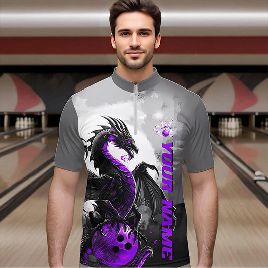 Black And Purple Custom Dragon Bowling Quarter-Zip Shirts For Men, Dragon Bowling Team Shirts IPHW8817
