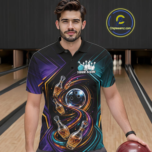 A man wearing a custom bowling-themed short-sleeve polo shirt with a colorful graphic print of bowling pins that resemble wine bottles, ball on a dark background. The shirt features a white customizable name print near the chest.