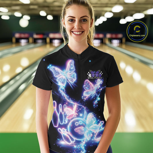 Custom Holographic Butterfly Women Bowling Team Shirts, Ladies Bowling League Shirt IPHW10912