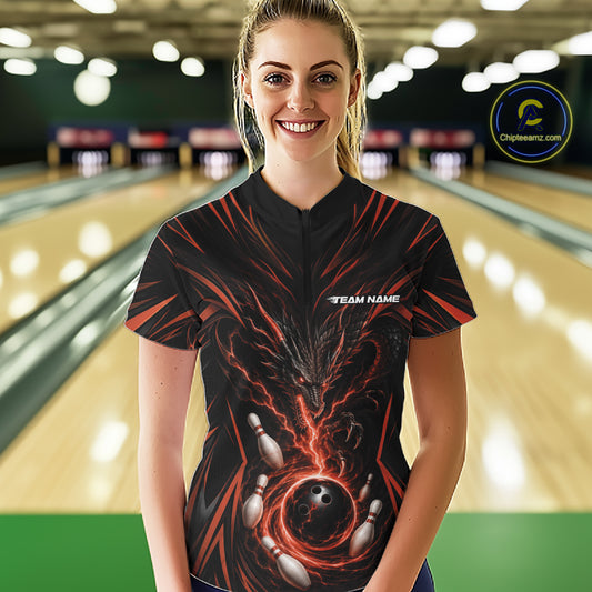Custom Black And Orange Lightning Dragon Bowling Women Quarter-Zip Shirt IPHW11841