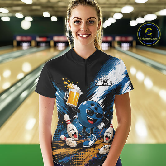 Custom Blue Funny Beer Bowling Women Quarter-Zip Shirt, Drinking Beer Bowling Jersey IPHW11849