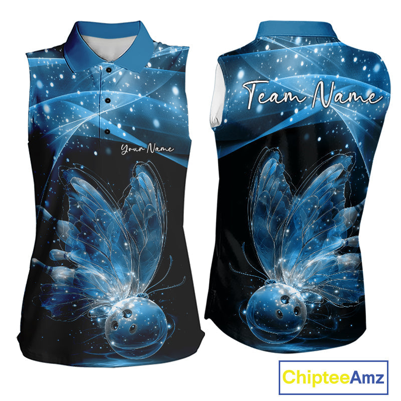 Custom Ethereal Blue Butterfly Bowling Team Women Sleeveless Polo Shirts, Ladies Bowling Outfit IPHW10244