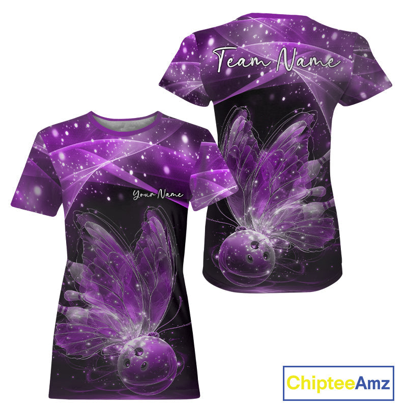 Custom Ethereal Purple Butterfly Bowling Team Women T-Shirts, Ladies Bowling Outfit IPHW10245