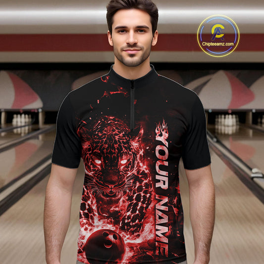 Custom Red Flaming Leopard Bowling Shirts For Men, Fire Bowling Team Shirt Bowler Uniform IPHW10712