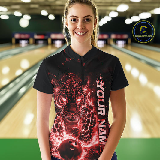 Custom Red Flaming Leopard Bowling Shirts For Women, Fire Bowling Team Shirt Bowler IPHW10712