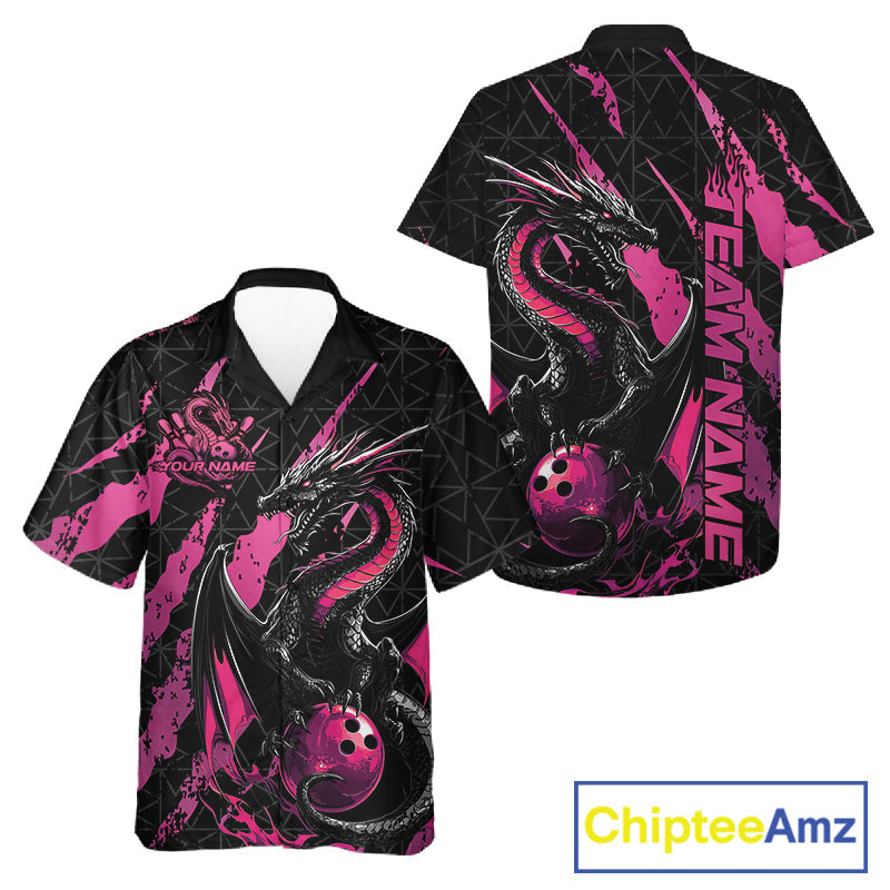 Custom Black And Pink Dragon Bowling Men And Women Hawaiian Shirts, Team Bowling Jerseys IPHW10749