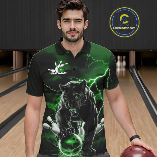 Green Thunder Lightning Custom Panther Men Bowling Polo Shirts, Panther Bowling Jerseys IPHW10793