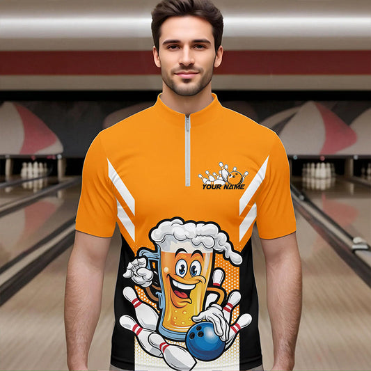 Custom Funny Beer Bowling Quarter-Zip Shirts For Men, Yellow Bowling Team Bowling League Shirt IPHW8930