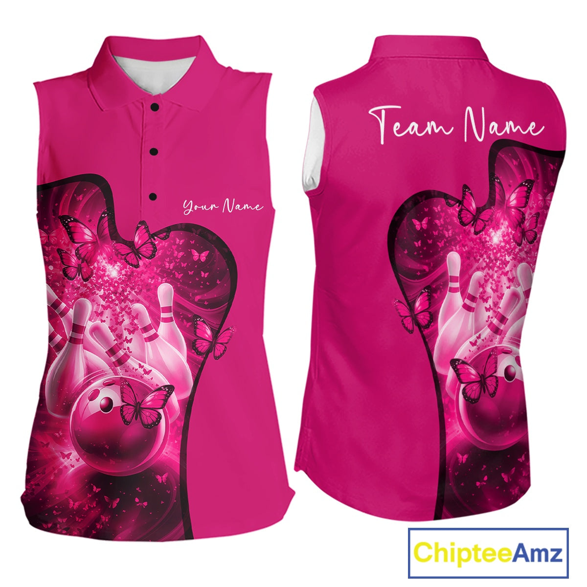 Pink bowling shirt decorated with butterfly artwork and colorful bowling graphics