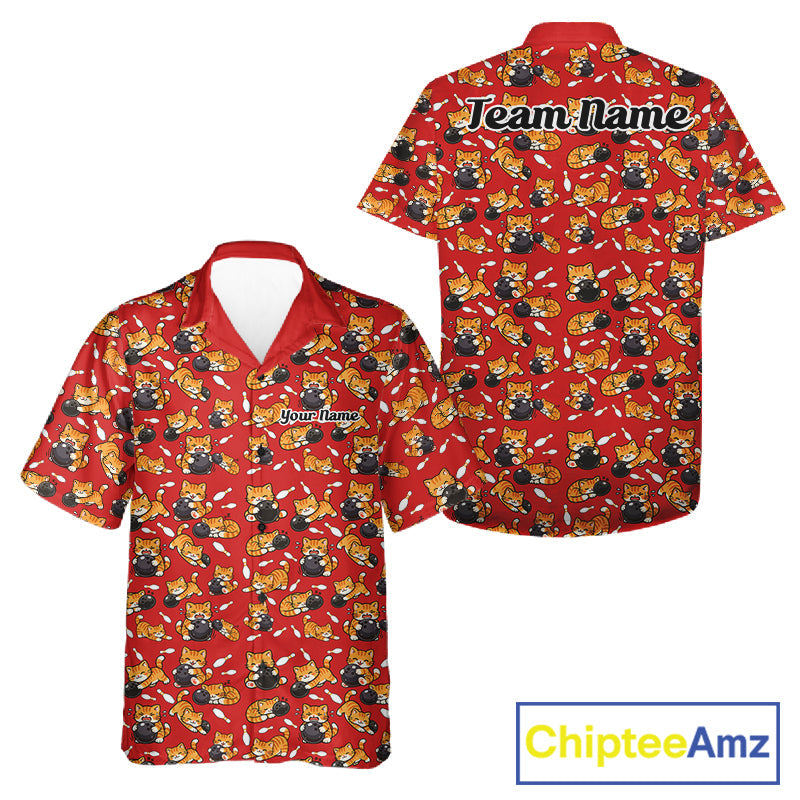 Custom Cute Ginger Tabby Cat Bowling Men And Women Hawaiian Shirts, Cat Bowling Team Shirt IPHW10305