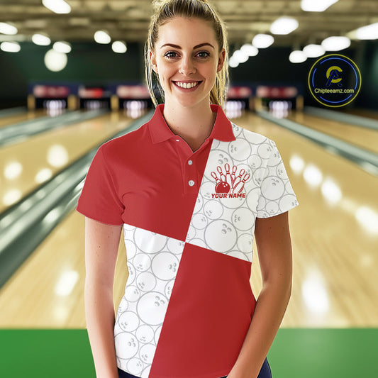 Custom White And Red Retro Style Bowling Team Shirts For Women, Bowling Jerseys IPHW10602