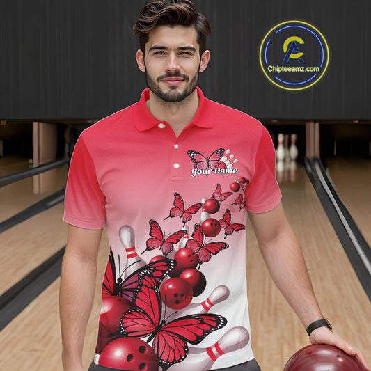 Custom Red Gradient Butterfly Bowling Men Polo Shirts For Team, Bowling League Shirt IPHW10824