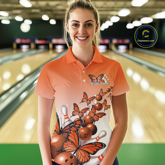 Custom Orange Gradient Butterfly Bowling Women Polo Shirts For Team, Bowling League Shirt IPHW10825