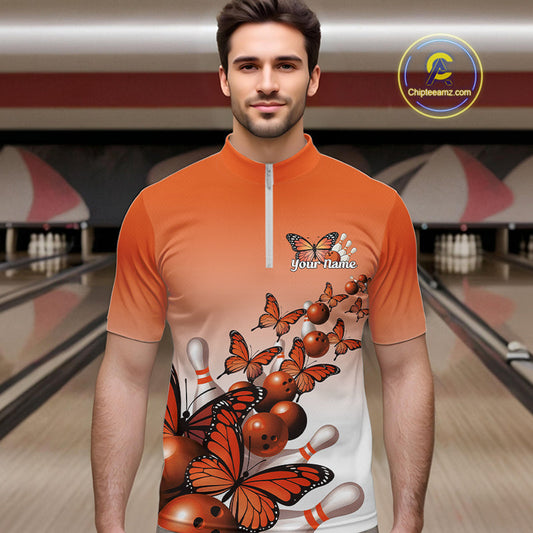Custom Orange Gradient Butterfly Bowling Men Quarter-Zip Shirts For Team, Bowling League Shirt IPHW10825