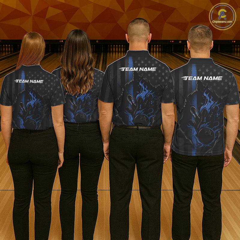 Custom Blue Thin Line American Flag Patriotic Flame Bowling Team Men Polo Shirts IPHW10180