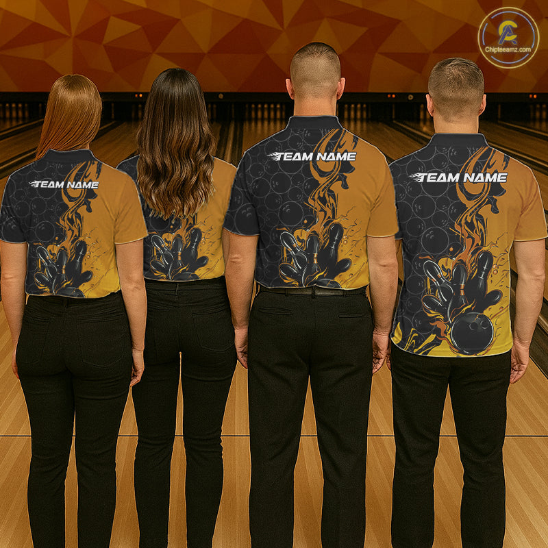 Custom Black And Gold Flame Bowling Team Men Polo Shirts, Yellow Bowling League Shirt IPHW10188