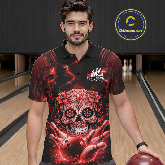 Male model at a bowling lane wearing a black and red polo shirt with sugar skull artwork and bowling pins motif.