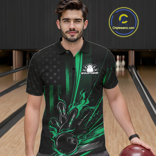 Male model wearing a black and green bowling polo shirt at a bowling lane with patriotic bowling strike artwork and flag-inspired details.
