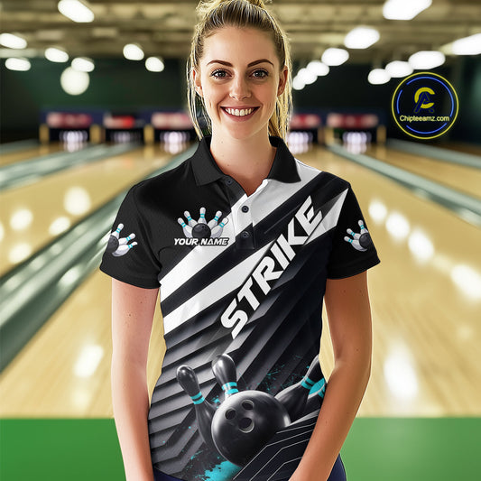 Custom Black And Blue Strike Bowling Polo Shirts For Women, Bowling Team Uniform IPHW9628