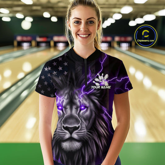 Custom Purple Thunder Lightning Patriotic Lion Women Quarter-Zip Shirt, US Bowling Jersey IPHW9321