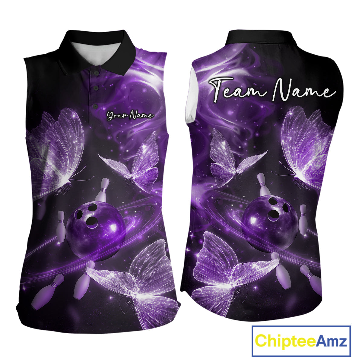 Custom Ethereal Purple Butterflies Bowling Team Women Sleeveless Shirts, Ladies Bowling Outfit IPHW10239