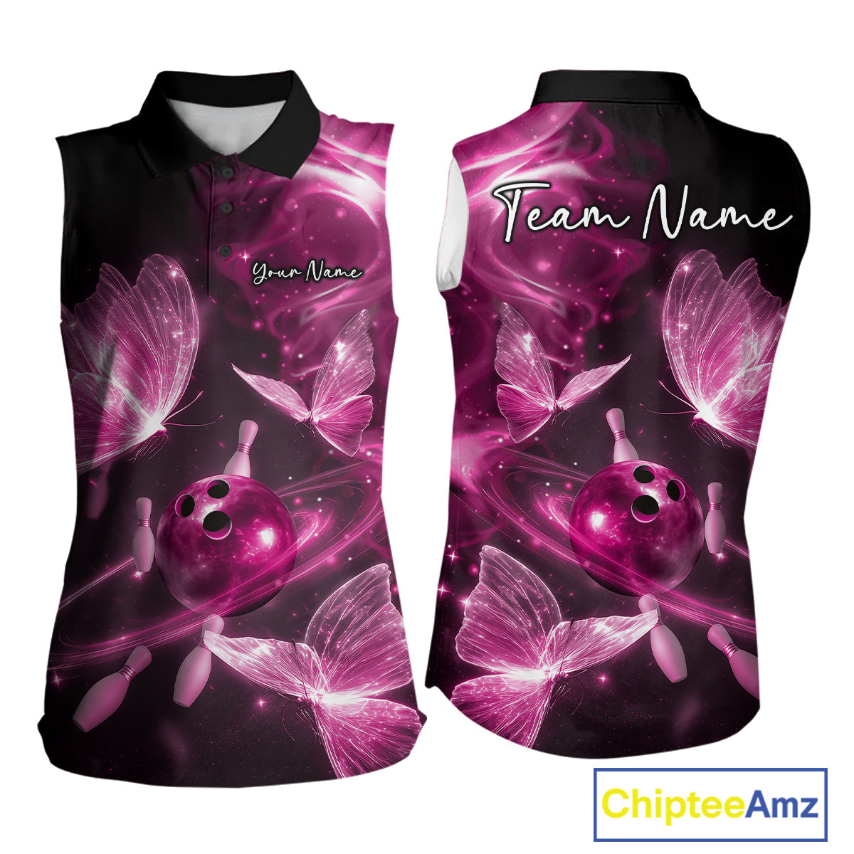 Custom Ethereal Pink Butterflies Bowling Team Women Sleeveless Polo Shirts, Ladies Bowling Outfit IPHW10240