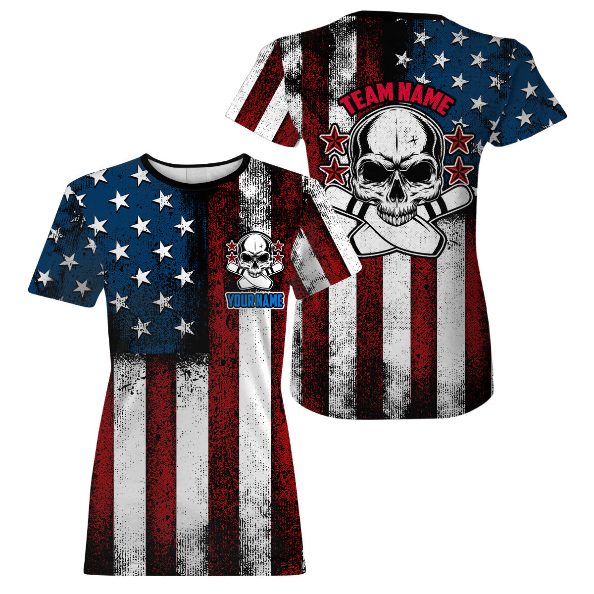 American Flag Skull Custom Team Bowling T-Shirts For Women, Patriotic Bowling Jerseys IPHW5157