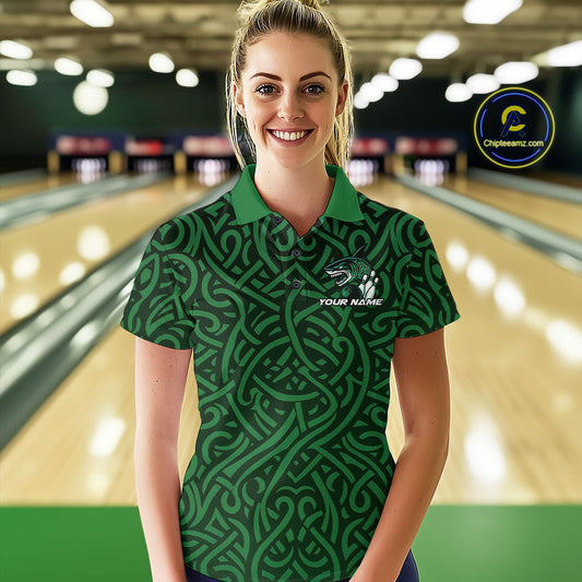 Custom Green Tribal Shark Bowling Team Women Polo Shirt, Shark Bowling Tournament Shirt IPHW10176