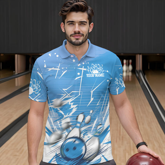 Custom White And Blue Bowling Team Men Polo Shirts, Bowling Ball And Pins Jerseys IPHW9602