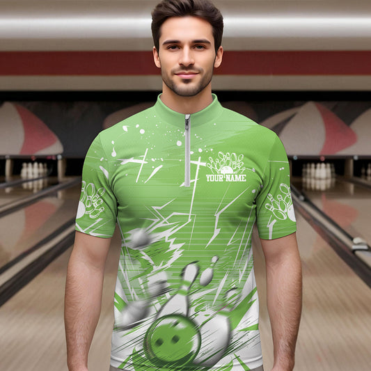 Custom White And Green Bowling Team Men Quarter-Zip Shirts, Bowling Ball And Pins Jerseys IPHW9603